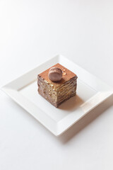 Plate with slice of tasty homemade chocolate cake on white background