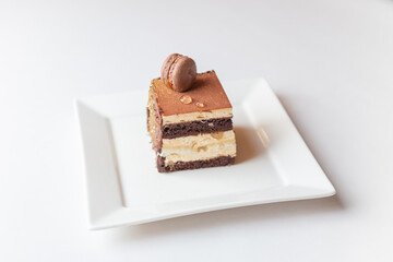 Plate with slice of tasty homemade chocolate cake on white background