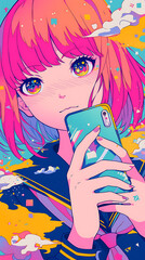 Anime girl holding phone with uniform model vertical background