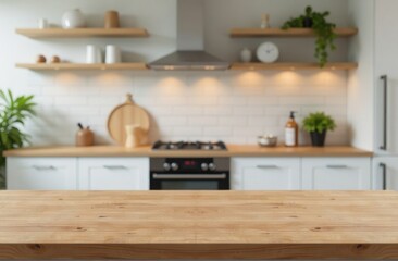 A bright kitchen with wooden shelves, plants, and a sleek cooking area designed for modern living.