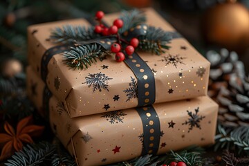 Festive Christmas Gift Wrapping with Snowflake Patterns and Pine Accents