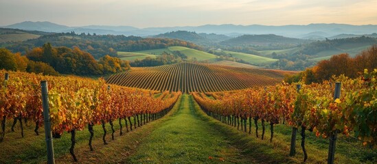 Vineyard rows in a valley with rolling hills in the background.