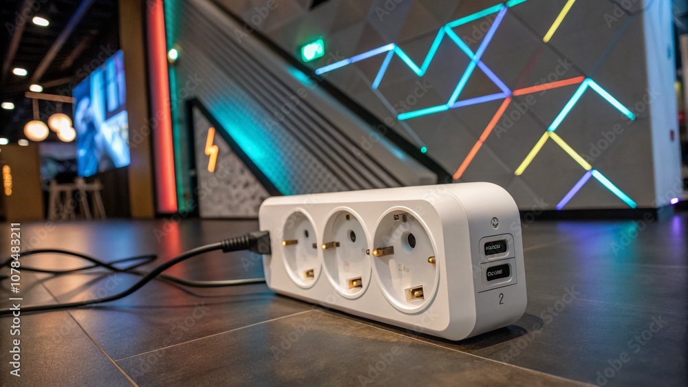 Poster conceptual photography of a three-in-one power plug with creative lighting and unique background for