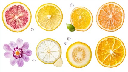 Fototapeta premium Lemon with water droplets, slices, and a collection of flowers isolated on a white background. Clipping path included.