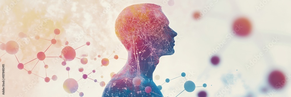 Poster a human silhouette surrounded by colorful molecules and diagrams, representing the fusion of science