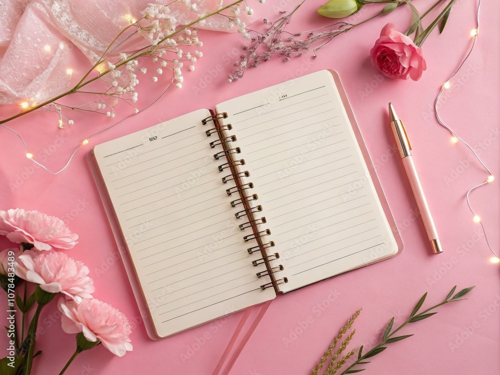 Poster conceptual representation of a notepad against a soft pink background for creative and inspirational