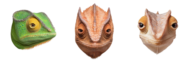 Three colorful chameleons showcasing distinct facial features and textures, highlighting their unique adaptations and characteristics.