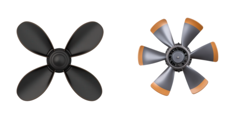 Two distinct propeller designs showcasing different blade shapes and colors, emphasizing their aerodynamic characteristics and engineering.