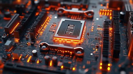 Close-up of a circuit board with glowing components.