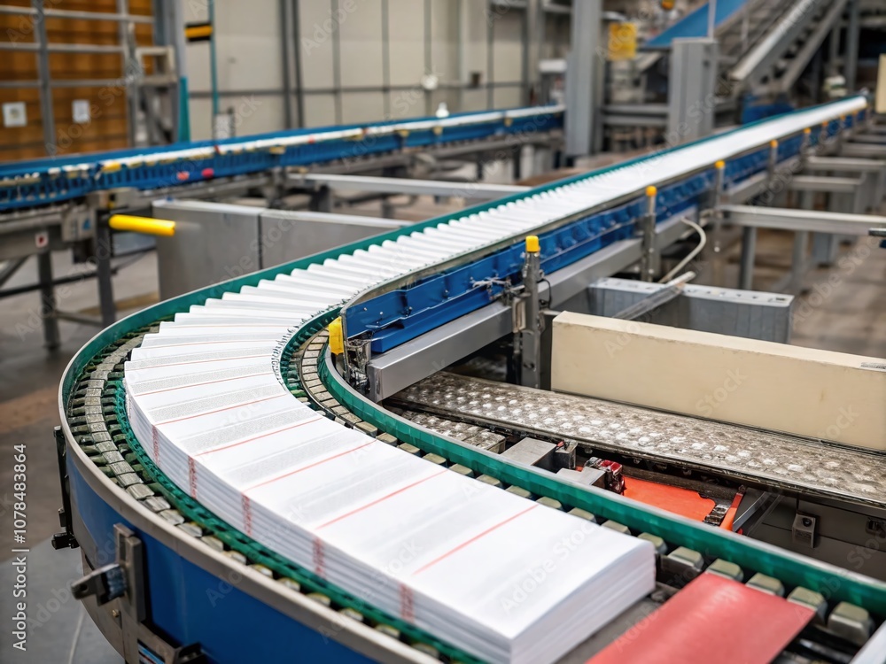 Poster conveyor belts transporting finished paper sheets in a factory packaging workflow for efficient prod