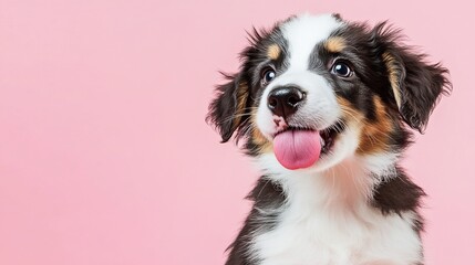 
A playful and hungry Australian Shepherd puppy, eagerly eating and licking its lips with its tongue out. 