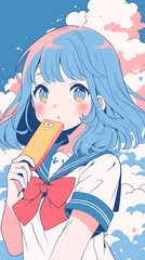 Anime girl holding phone with uniform model vertical background