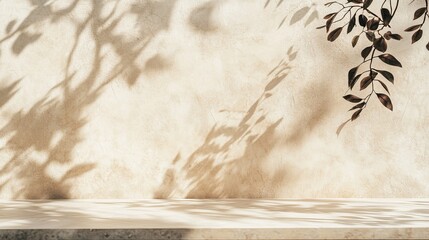 An empty table set against a beige textured wall, with the soft shadow of leaves cast across the surface. 