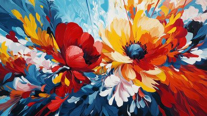 abstract floral painting on a large canvas, with exaggerated forms of flowers in vivid hues of red, yellow, and blue,
