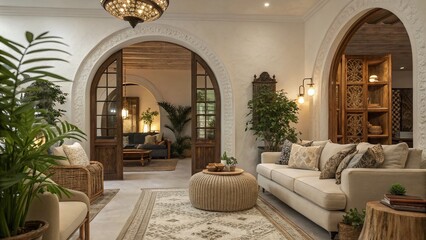 Cozy Bohemian Living Room Featuring Neutral-Toned Furniture and an Elegant Arched Doorway Surrounded by Lush Greenery and Warm Lighting