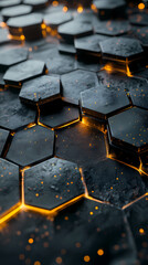 Futuristic hexagonal pattern filled with thin lines interconnecting glowing hexagons. In this background, hexagons represent digital interfaces or tech systems.
