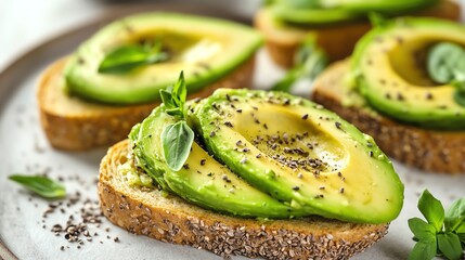 Two slices of avocado toast with avocado, seeds, and black pepper on a plate.