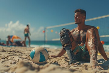 A man with a prosthetic leg sits on the sandy beach, observing a lively volleyball game taking place nearby. It's a sunny day and people are enjoying the outdoor activity