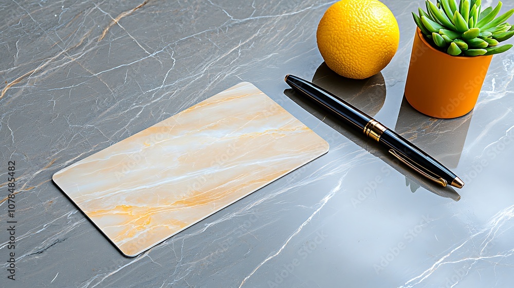 Poster discover the stylish workspace setup with a trendy desk accessory and refreshing citrus touch