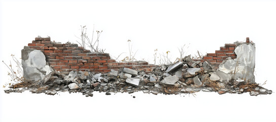 Muro crollato su sfondo bianco. Abbattere i muri e le barriere.