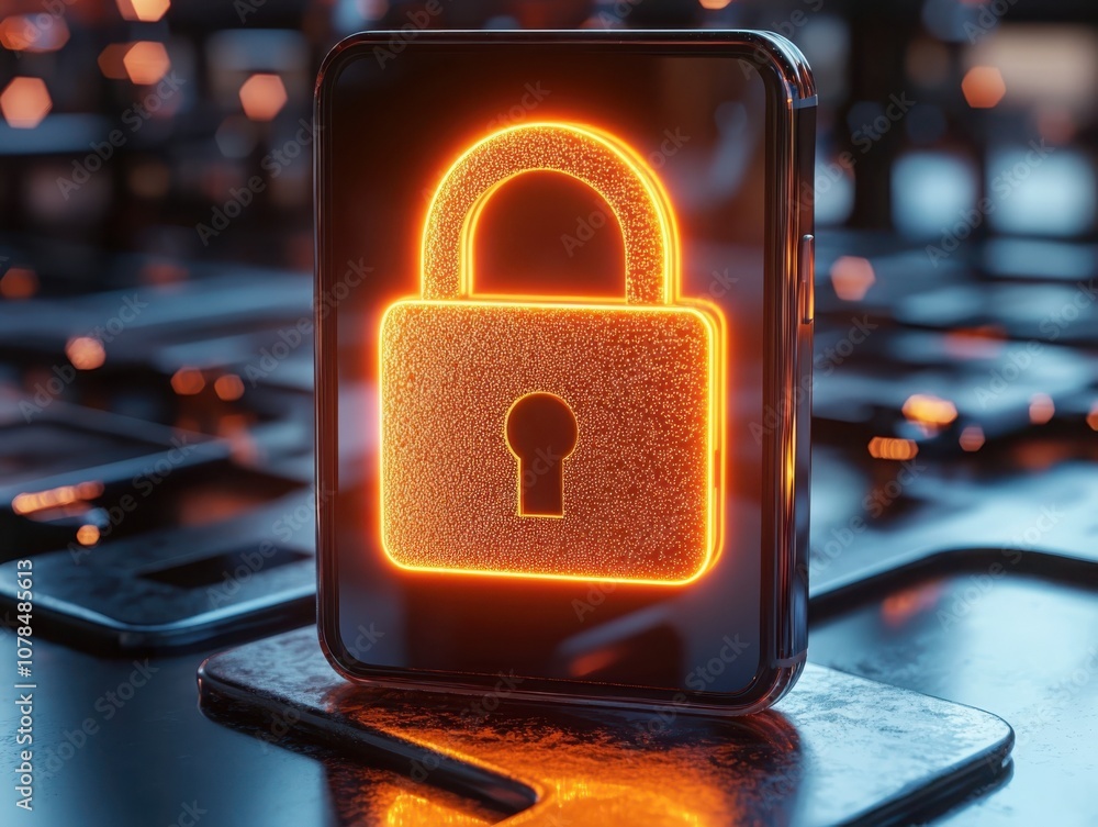 Poster protect your data with an innovative smartphone featuring a glowing lock icon for enhanced security