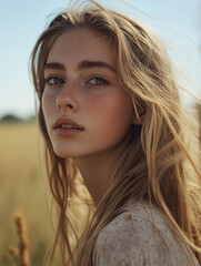 Modella acqua e sapone. Ritratto con campi di grano sfocati sullo sfondo.
