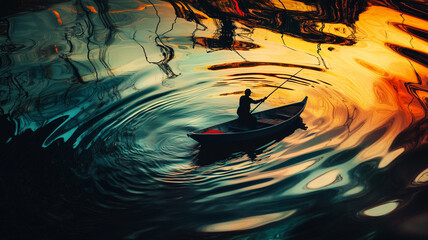 Fototapeta premium abstract interpretation of a fisherman pulling in a net, with sweeping brushstrokes of deep blue, dark green, and light teal