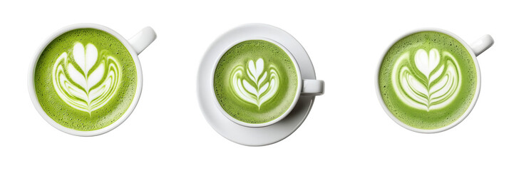 Three cups of latte art showcasing intricate green designs resembling leaves and hearts.