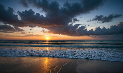 A serene sunset over the ocean with waves crashing onto the sandy shore