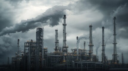 Obraz premium Industrial Oil Refinery with Smoky Chimneys Under Dark Grey Skies Depicts Pollution and Industry Impact