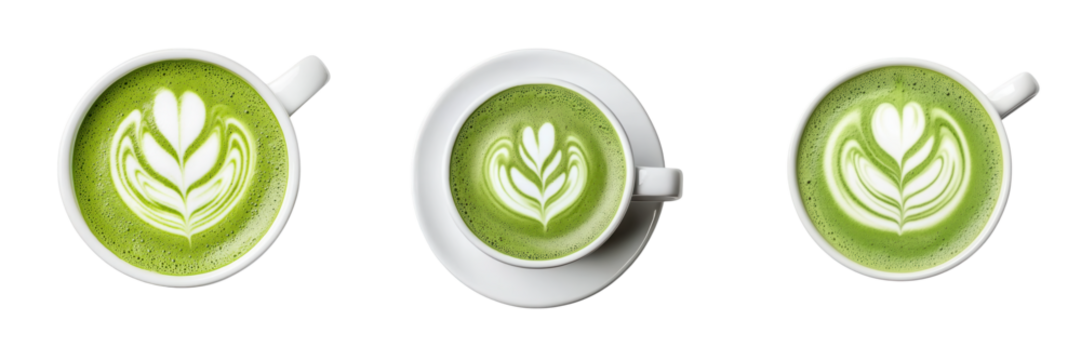 Three cups of latte art showcasing intricate green designs resembling leaves and hearts.