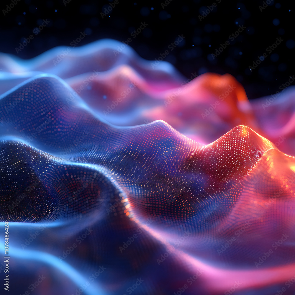 Poster 3d sound waves creating abstract shapes in vibrant colors, showcasing mesmerizing blend of blue and 