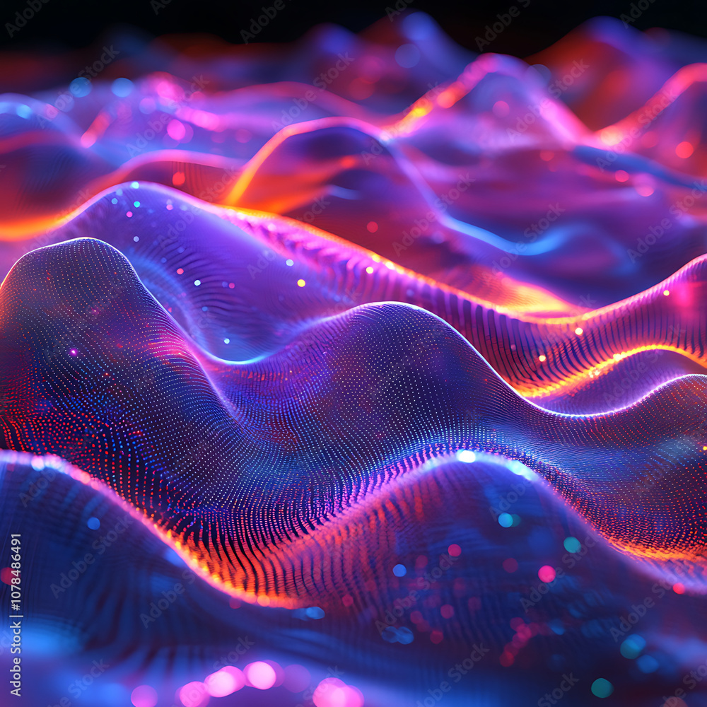Poster vibrant abstract 3d sound waves in neon colors create mesmerizing visual experience. flowing pattern