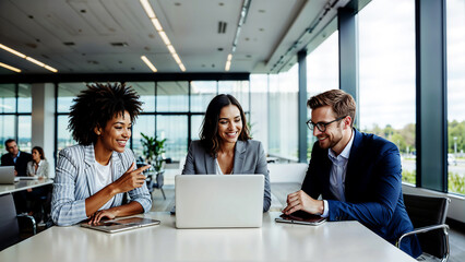 a group of people are gathered around a laptop