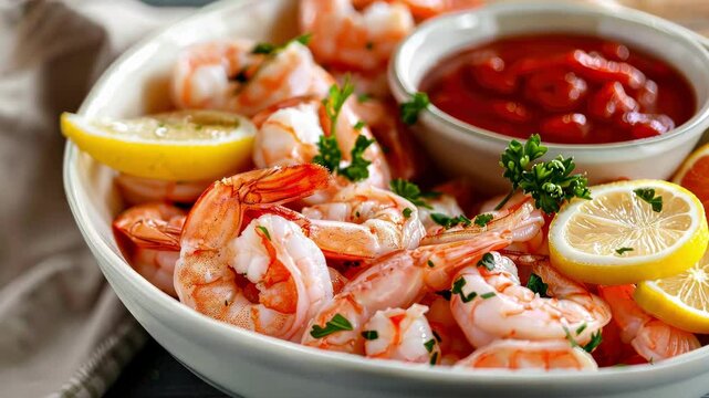 Freshly Cooked Shrimp with Lemon Slices and Tasty Cocktail Sauce on a White Dish, Ideal for Seafood Lovers and Culinary Inspiration