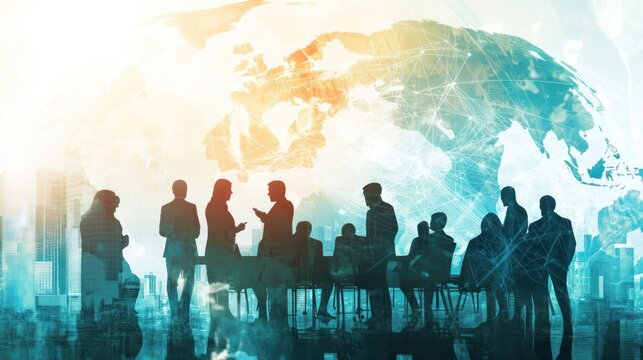 Silhouettes of diverse business people networking against a world map and cityscape background.