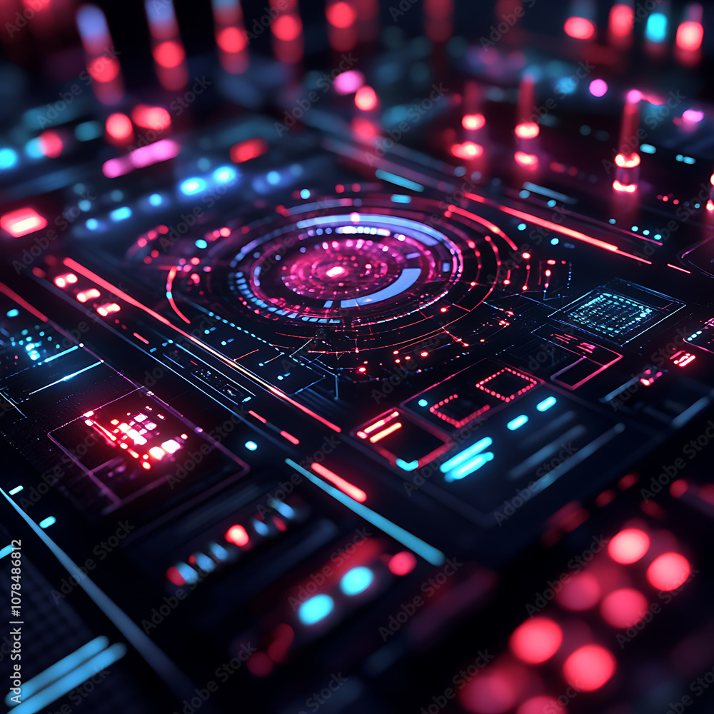 Poster vibrant digital interface featuring holographic elements and glowing lights, showcasing futuristic d