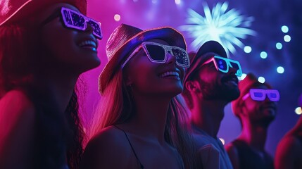 Friends Watching in Awe at Vibrant Fireworks Show with Colorful Lights and Joyful Expressions Under a Night Sky of Stunning Visuals