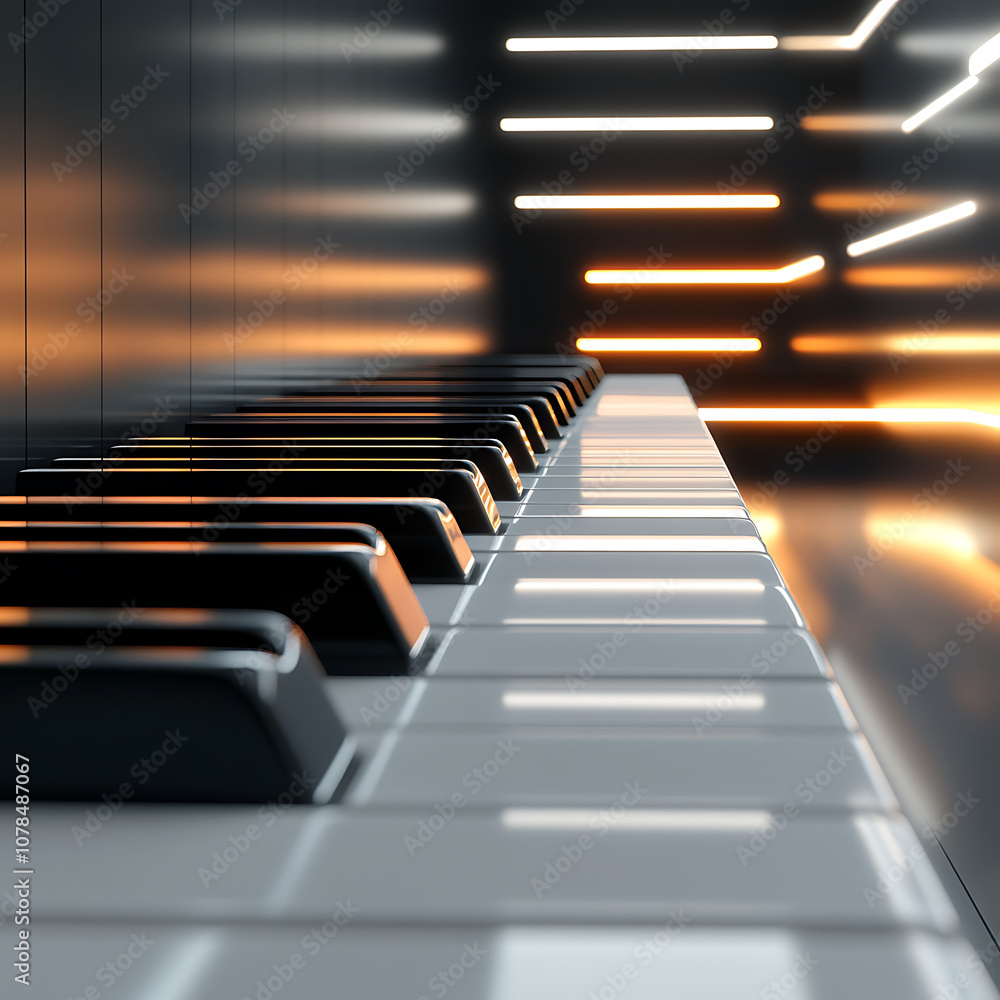 Poster floating 3d piano keys in digital space with glowing lines, creating modern and artistic atmosphere