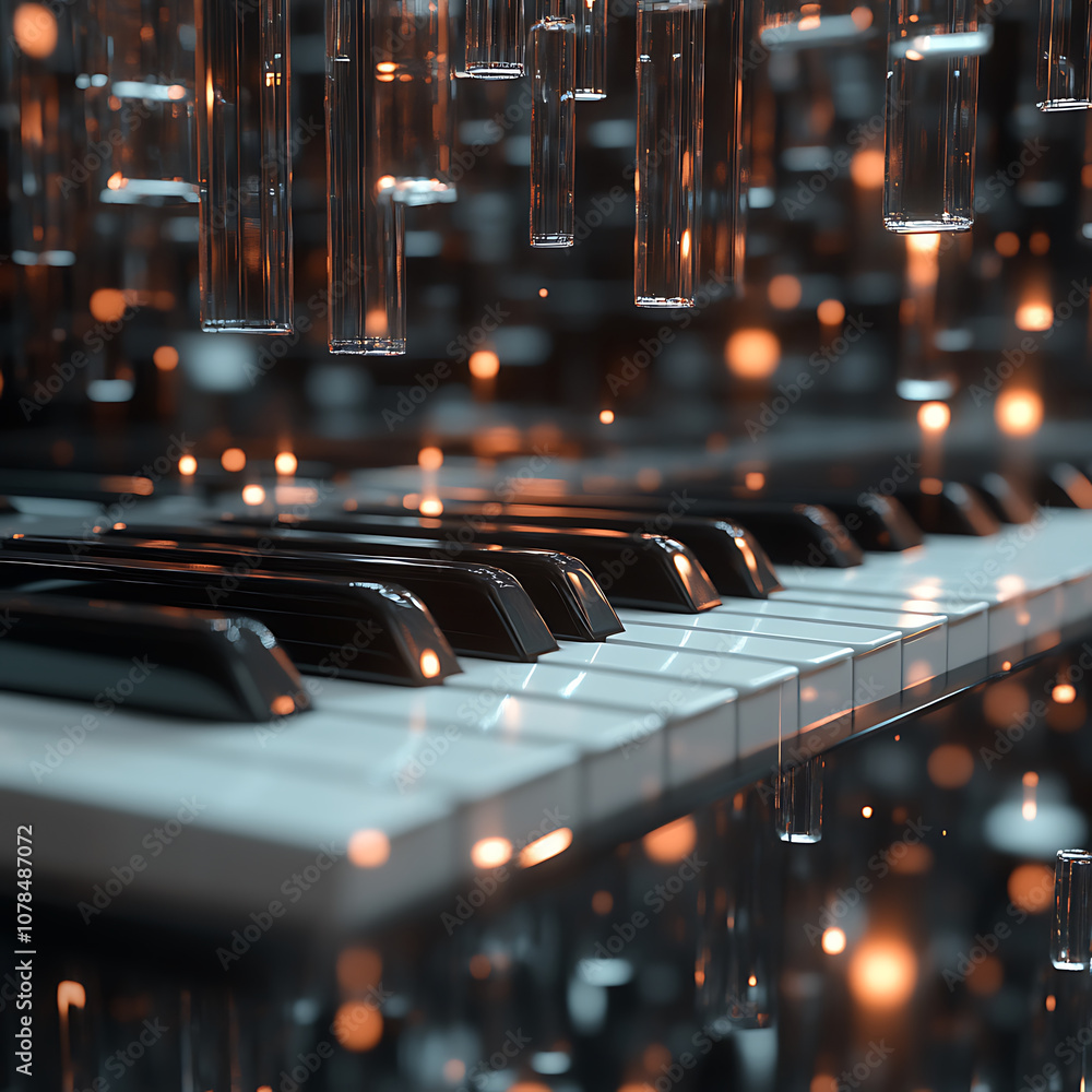 Poster floating 3d piano keys in digital space with glowing elements, creating mesmerizing atmosphere. intr