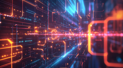 Fototapeta premium Futuristic hexagonal pattern filled with thin lines interconnecting glowing hexagons. In this background, hexagons represent digital interfaces or tech systems.