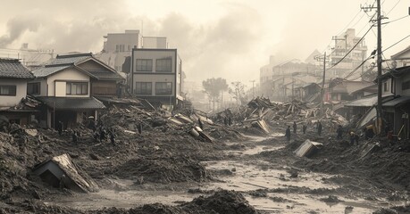 Fototapeta premium Devastated Modern Neighborhood with Collapsed Houses and Mudslide Aftermath in Suburban Area