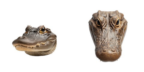 Two alligator heads displayed side by side, showcasing their distinct shapes and textured skin features.