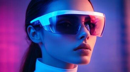 Portrait of woman with reflective sunglasses and neon lights