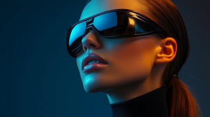 Stylish woman with yellow reflective sunglasses in neon lighting