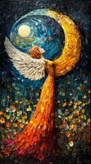 An angel in the night sky in a brightly colored mosaic