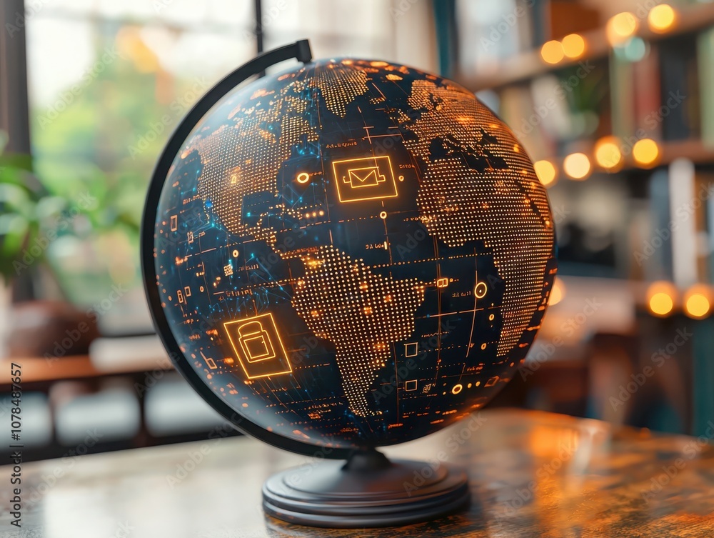 Poster explore the intersection of cybersecurity and global connectivity through a stylized globe design