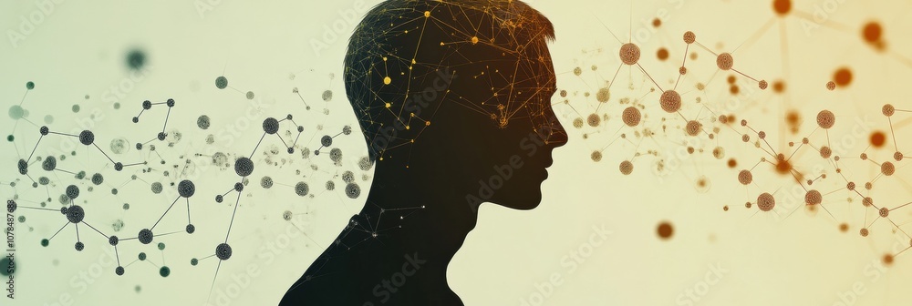 Aufkleber a human silhouette stands against a backdrop of complex molecules and diagrams, symbolizing scientif
