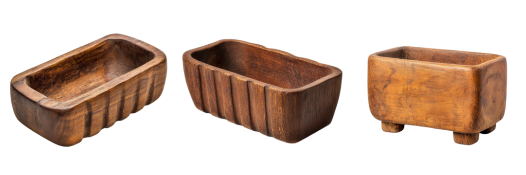 Three uniquely shaped wooden containers with textured sides, showcasing various angles and styles.