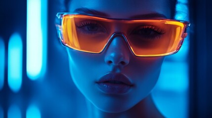 Portrait of woman with sunglasses in cool neon theme